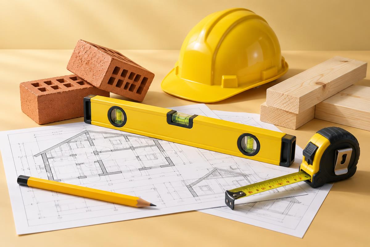 Building plans with a spirit level, hard hat, timber and measuring tools