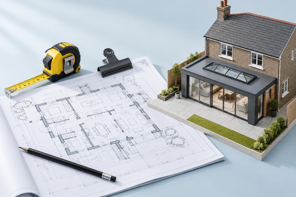Architectural plans with measuring tools and a home extension
